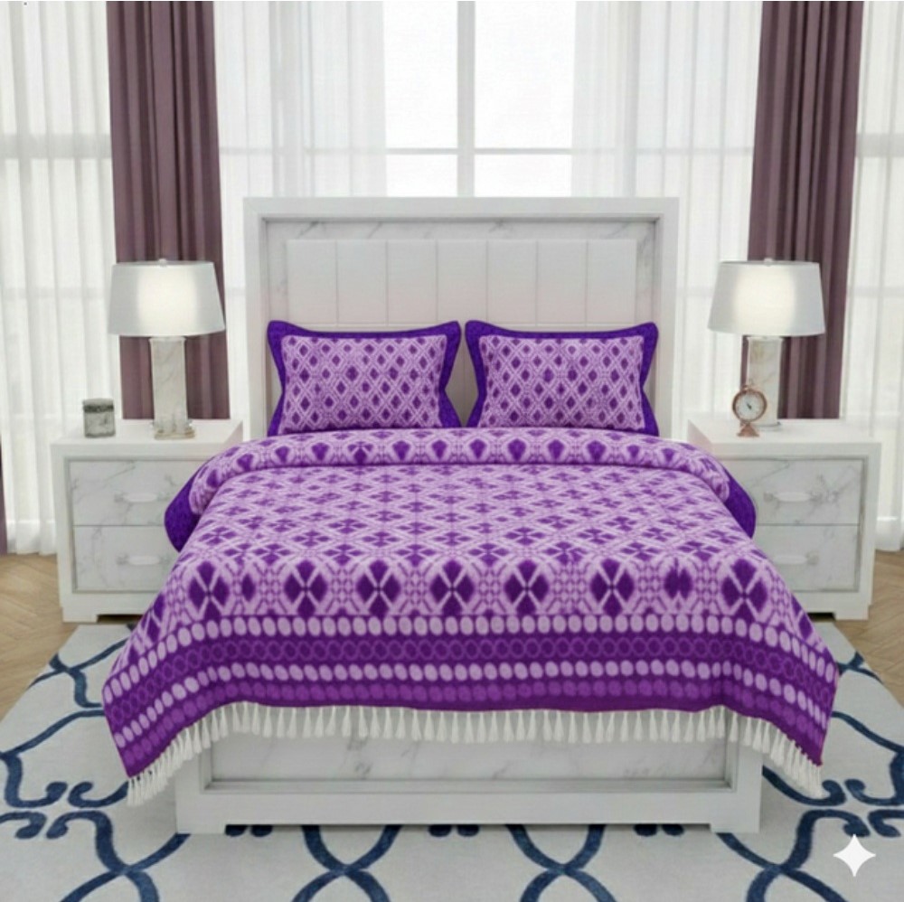 Fleece Geometric Double Polar Warm Bedsheet with 2 Pillow Cover (Purple)