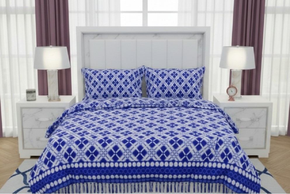 Fleece Geometric Double Polar Warm Bedsheet with 2 Pillow Cover (Blue)