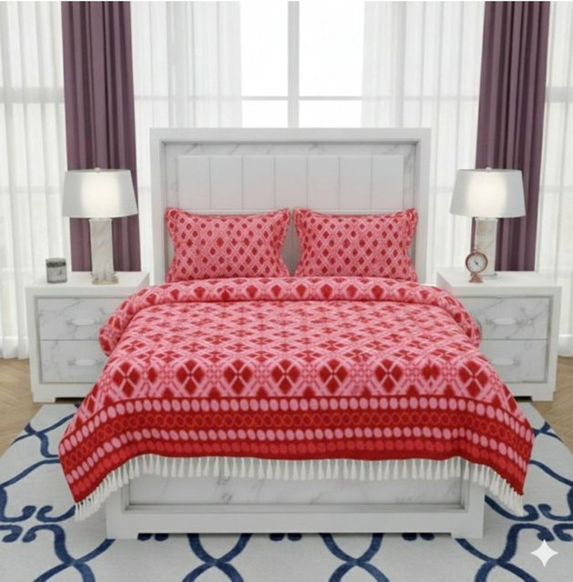 Fleece Geometric Double Polar Warm Bedsheet with 2 Pillow Cover (Red)