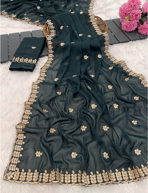 Generic Women's Georgette Embroidered Saree With Unstitched Blouse 5.5Mtr (Teal)