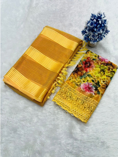 Generic Women's Georgette Embroidered Saree With Unstitched Blouse 5.5Mtr (Yellow)