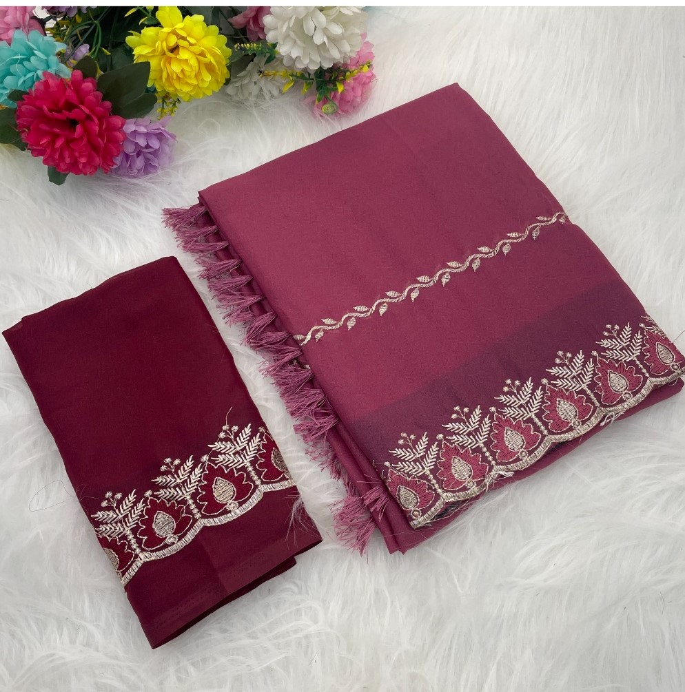 Generic Women's Georgette Embroidered Saree With Unstitched Blouse 5.5Mtr (Pink)