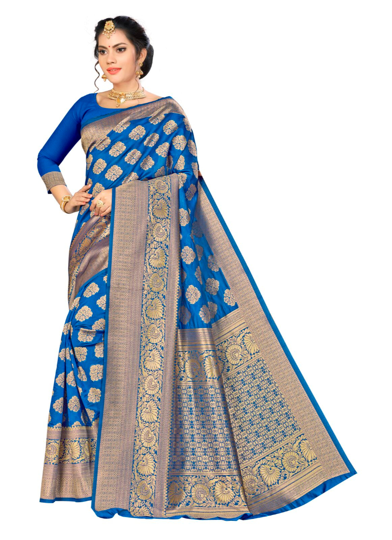 Women's Banarasi silk Saree with Blouse (Blue, 5-6mtr)