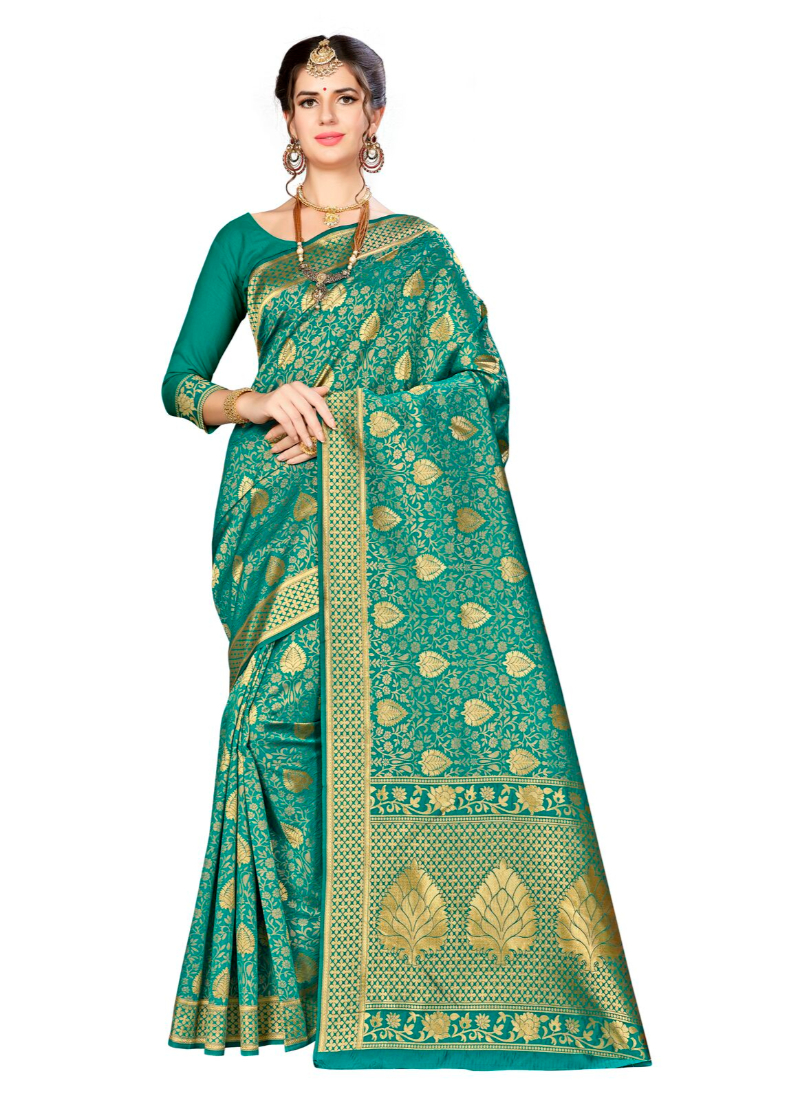 Women's Banarasi silk Saree with Blouse (Green, 5-6mtr)
