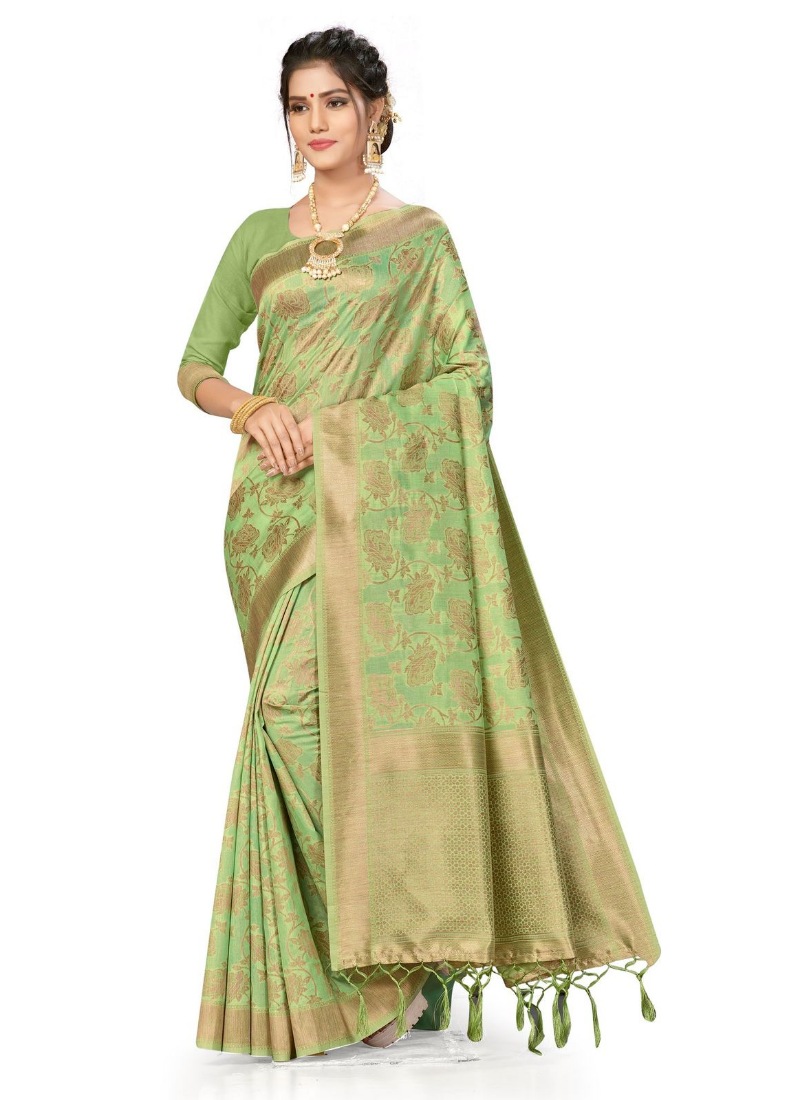 Women's Banarasi (Spun Cotton) Saree (Pista Green,5-6 Mtrs)