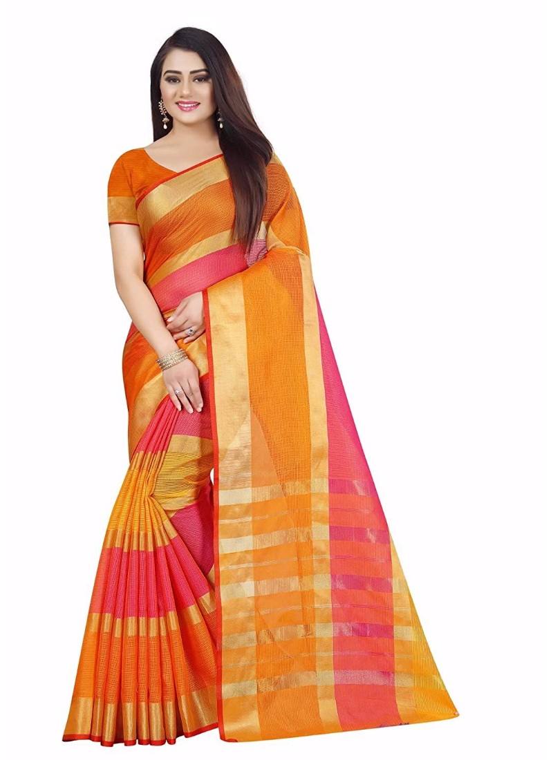 Women's Kota Doria Cotton Plain Saree With Blouse (Multicolor, 5-6 Mtrs)
