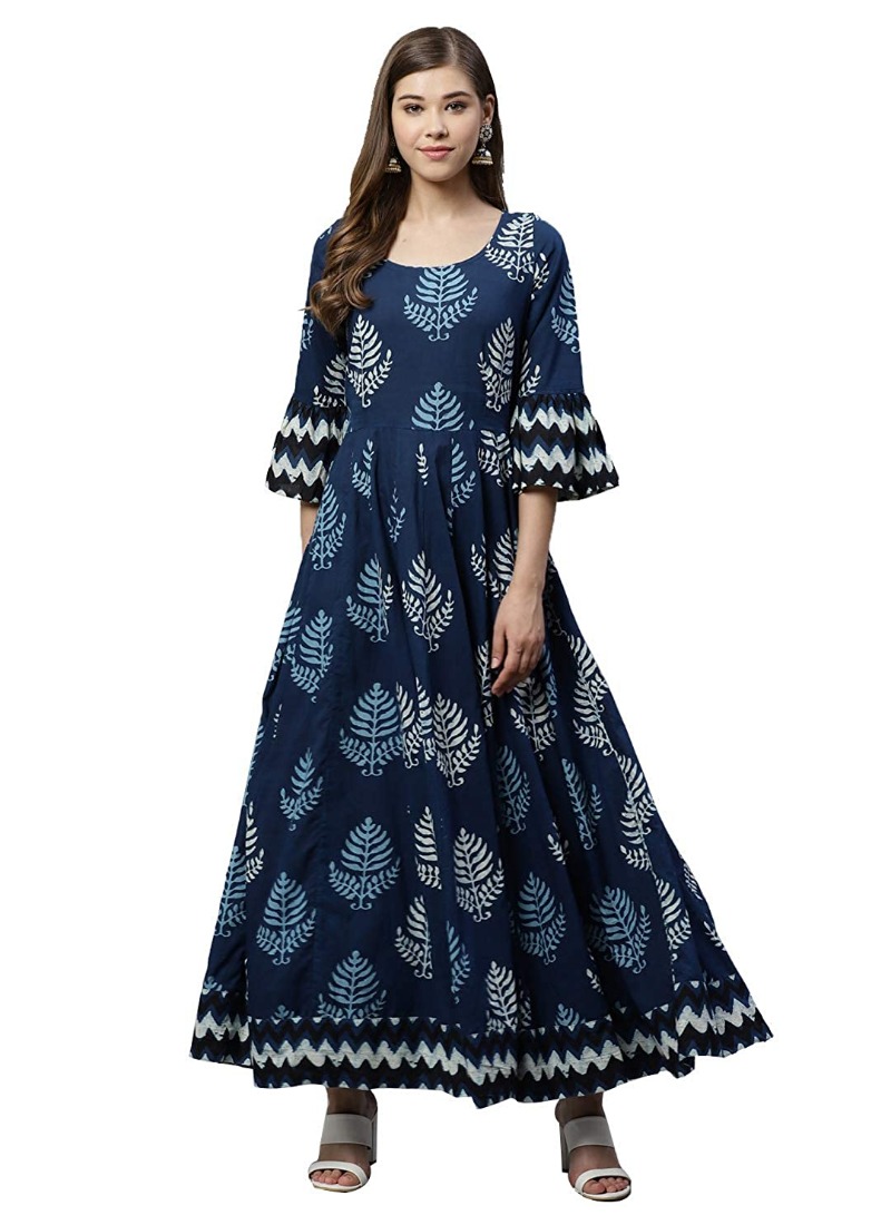 Women's Cotton Printed Regular Kurti (Blue, Cotton )