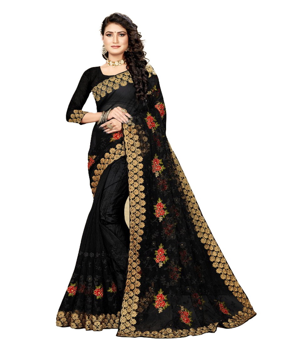 Women's Net Saree With Blouse (Black, 5-6Mtrs)