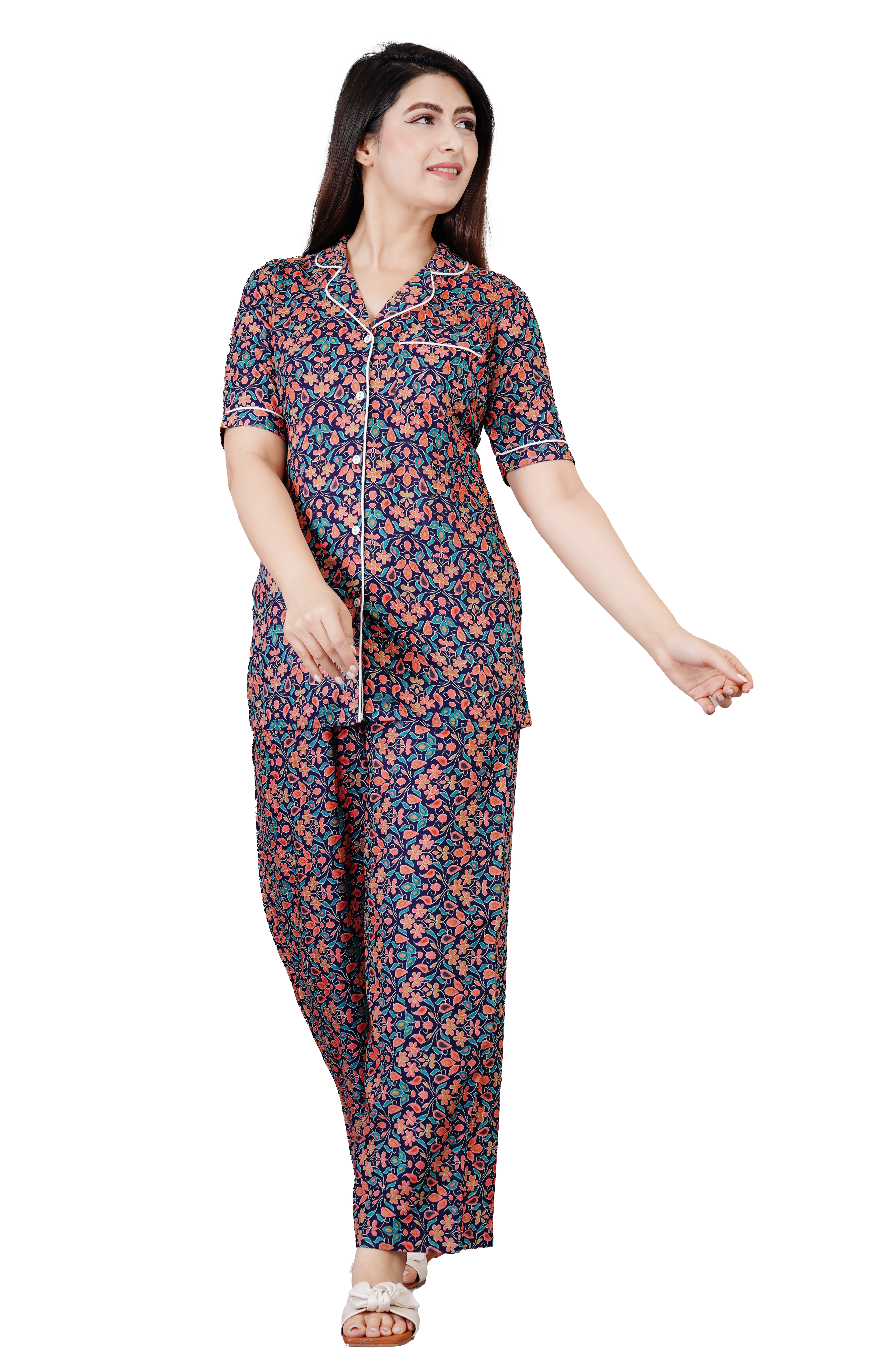 Women's Casual Half Sleeve Printed Viscose Rayon Shirt With Pyjama Pant Night Suit Set (Blue)
