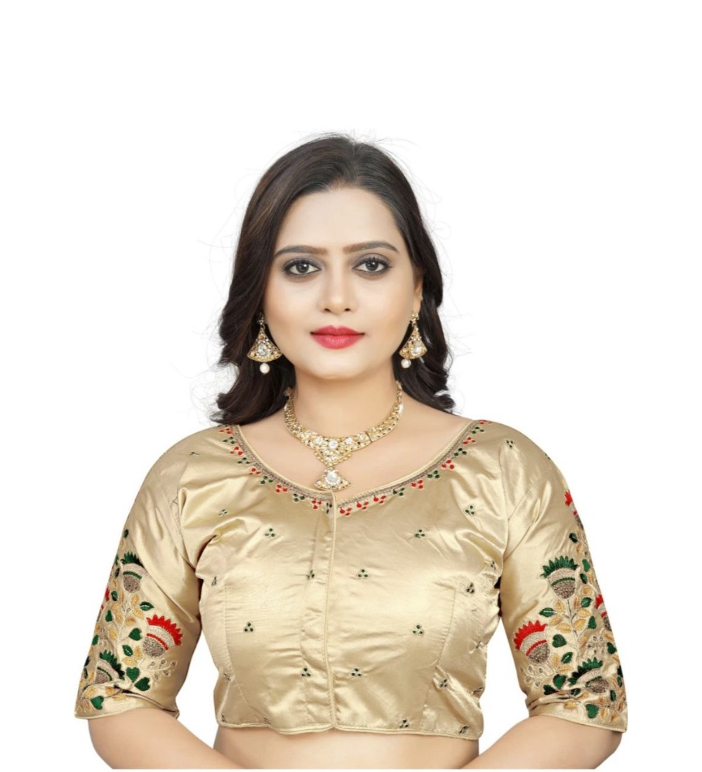 Women's Malai Silk Floral Readymade Blouse (Cream, Size: Free Size)