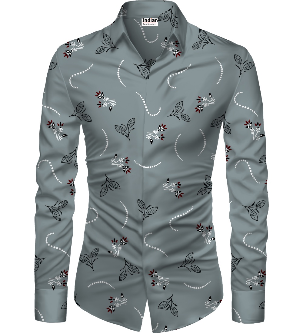 Men's Casual Floral Printed Cotton Blend Unstitched Shirt Fabric 1.6 Mtrs (Grey)
