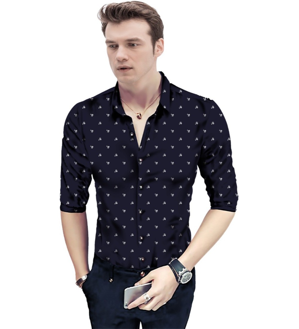 Men's Casual Floral Printed Cotton Blend Unstitched Shirt Fabric 1.6 Mtrs (Dark Blue)