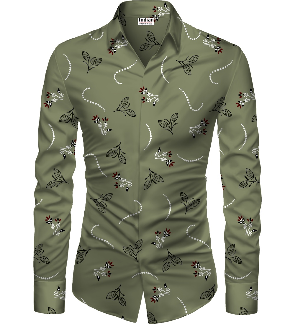 Men's Casual Floral Printed Cotton Blend Unstitched Shirt Fabric 1.6 Mtrs (Green)