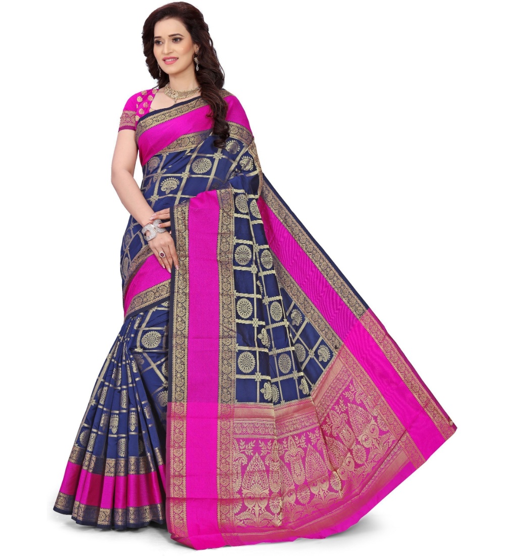Women's Jacquard Woven Saree With Unstitched Blouse 5.5Mtr (Blue)