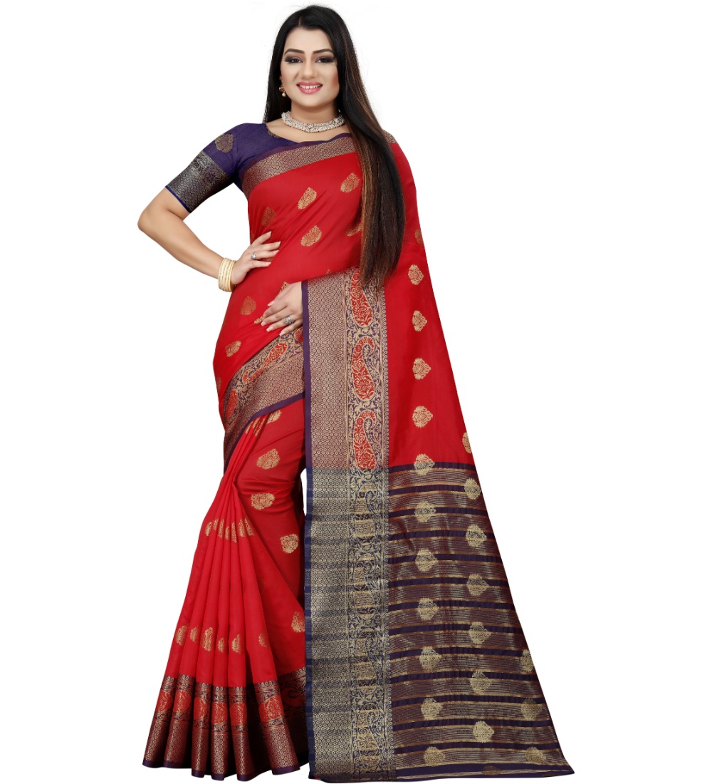 Women's Silk Blend Woven Saree With Unstitched Blouse 5.5Mtr (Purple-Red)