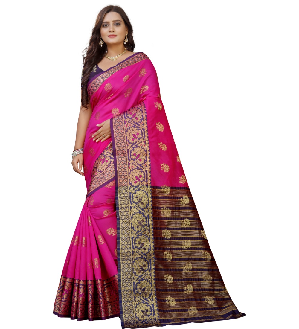 Women's Silk Blend Woven Saree With Unstitched Blouse 5.5Mtr (Pink-Beige)