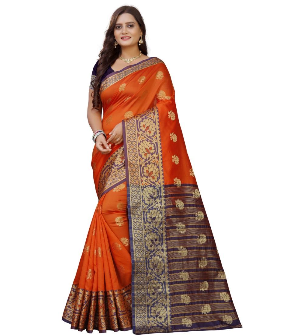 Women's Silk Blend Woven Saree With Unstitched Blouse 5.5Mtr (Gold-Orange)