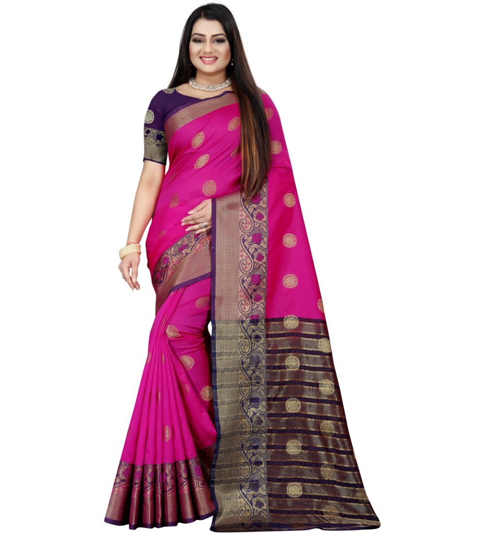 Women's Silk Blend Woven Saree With Unstitched Blouse 5.5Mtr (Blue-Pink)