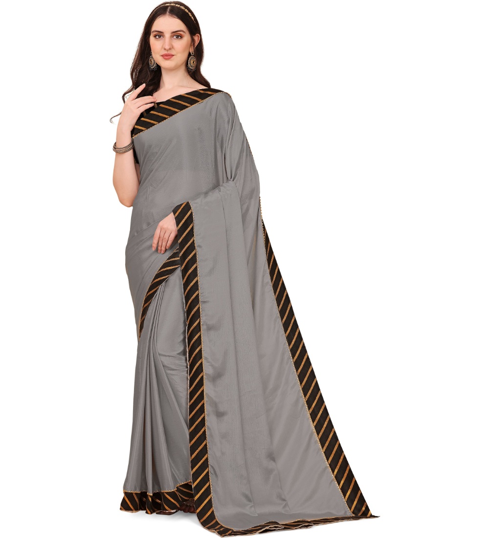Women's Chiffon Self Design Saree With Unstitched Blouse 5.5Mtr (Silver)