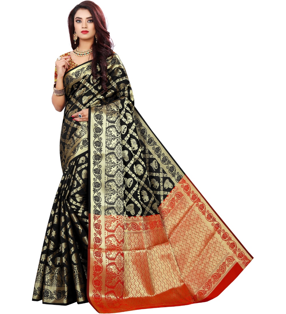 Women's Jacquard Woven Saree With Unstitched Blouse 5.5Mtr (Black)