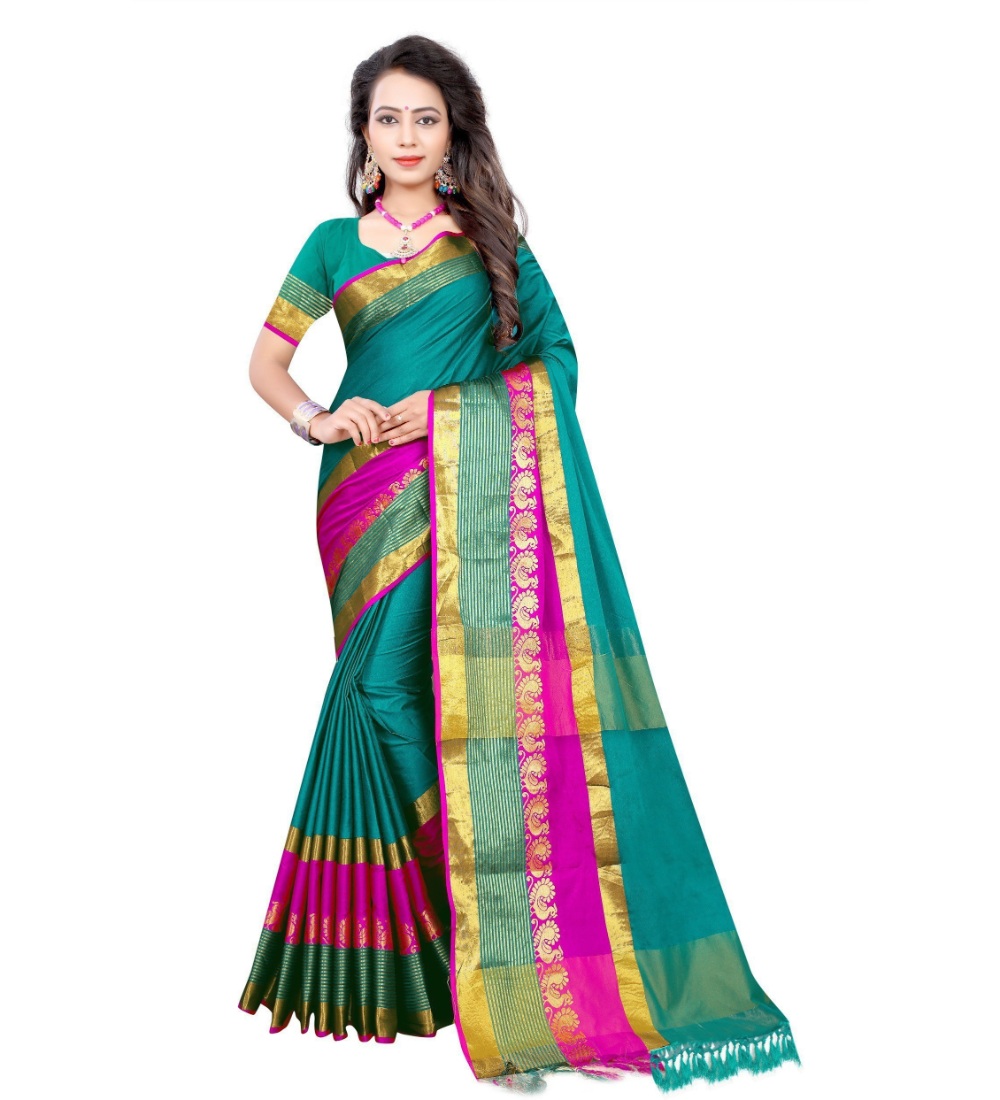 Women's Jacquard Woven Saree With Unstitched Blouse 5.5Mtr (Dark Green)