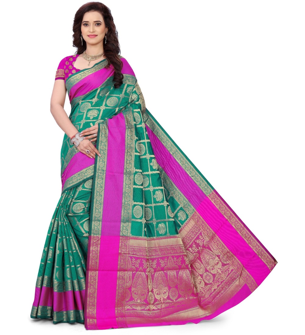 Women's Jacquard Woven Saree With Unstitched Blouse 5.5Mtr (Light Green)