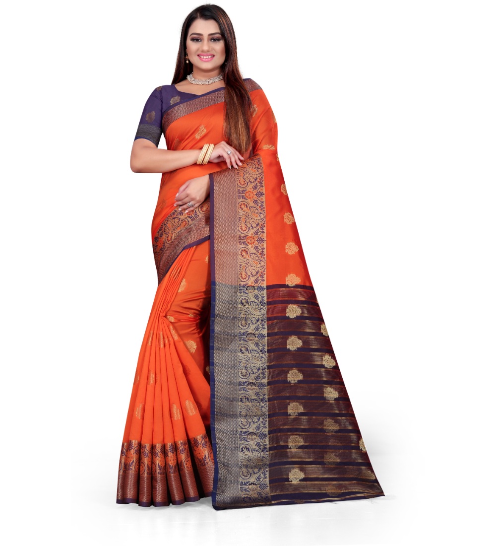 Women's Silk Blend Woven Saree With Unstitched Blouse 5.5Mtr (Orange)