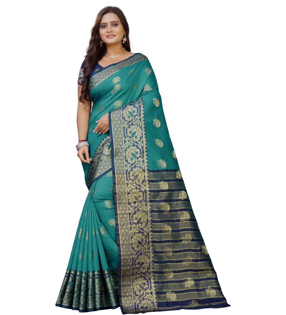 Women's Silk Blend Woven Saree With Unstitched Blouse 5.5Mtr (Dark Blue-Green)