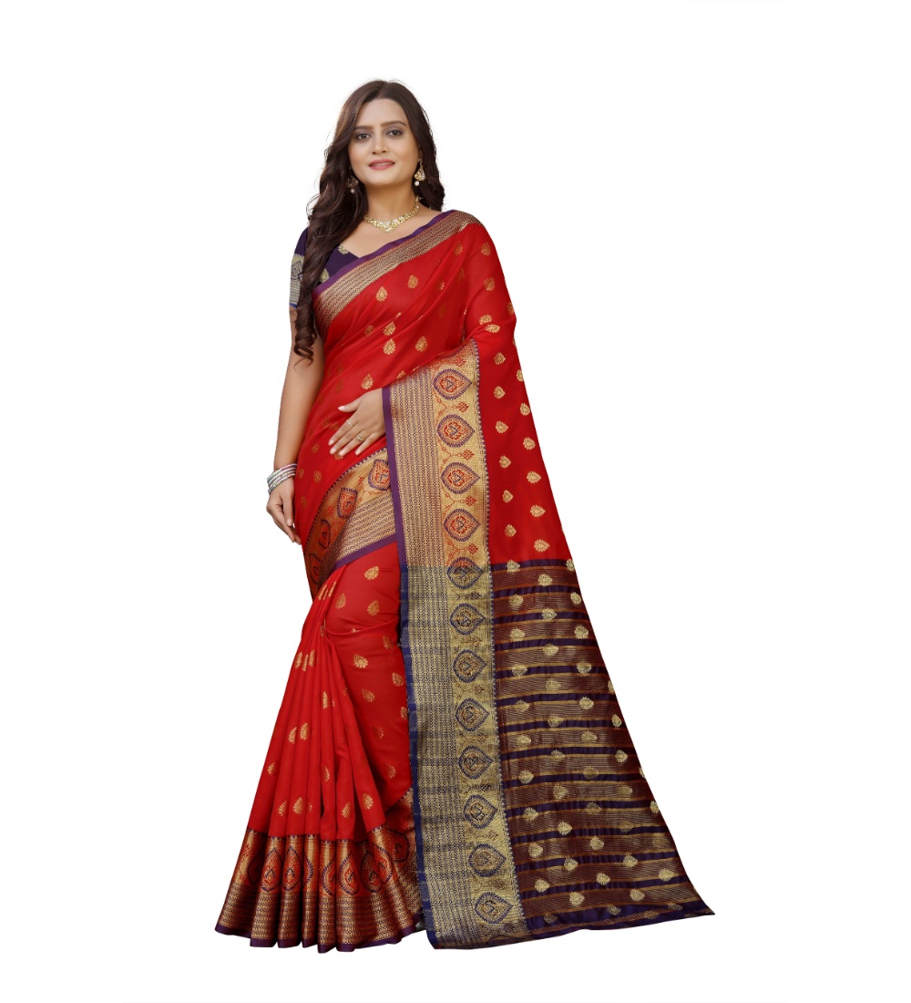 Women's Silk Blend Woven Saree With Unstitched Blouse 5.5Mtr (Purple-Red)