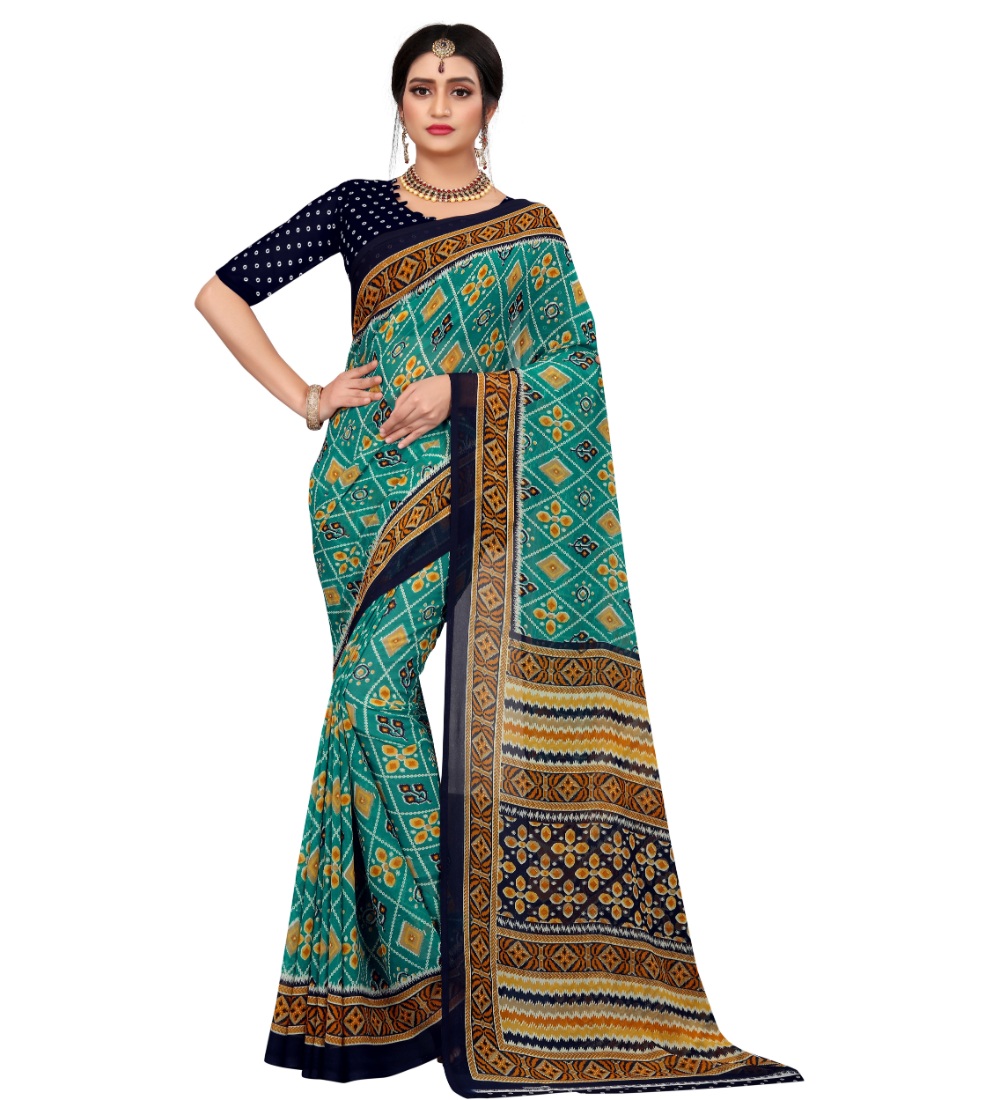 Women's Georgette Floral Print Saree With Unstitched Blouse 5.5Mtr (Dark Green)
