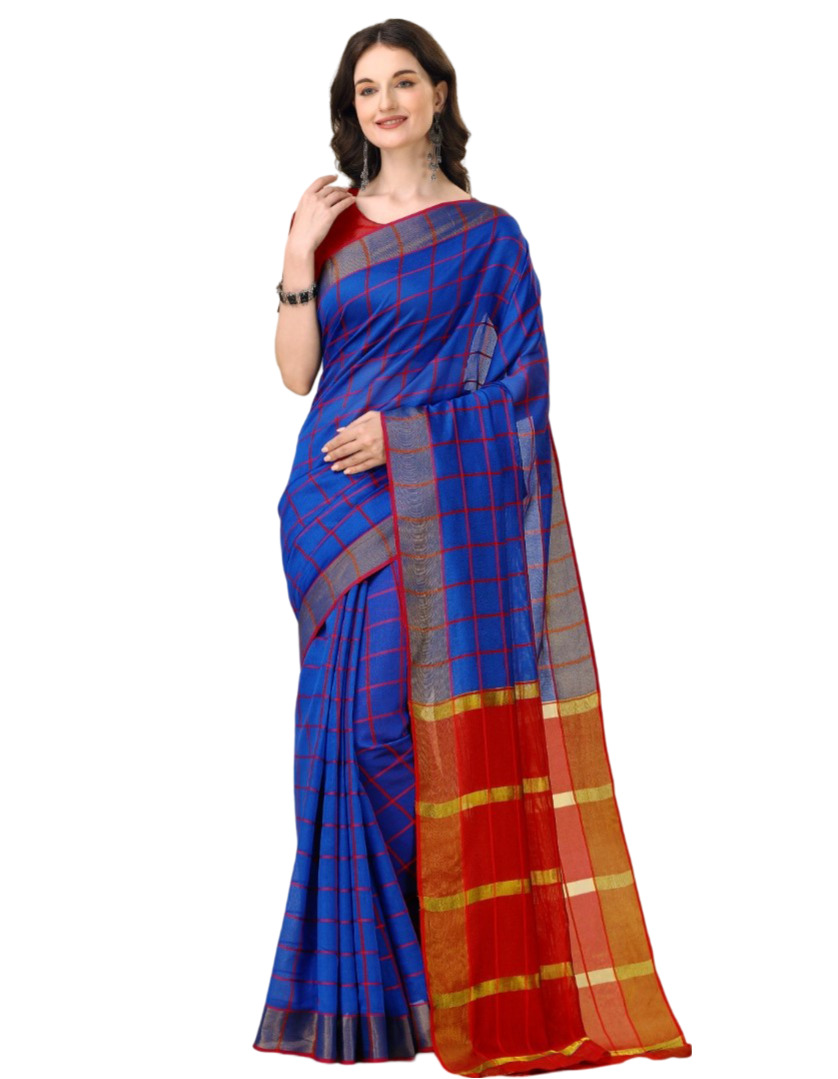 Women's Cotton Silk Checkered Saree With Unstitched Blouse 5.5Mtr (Blue)