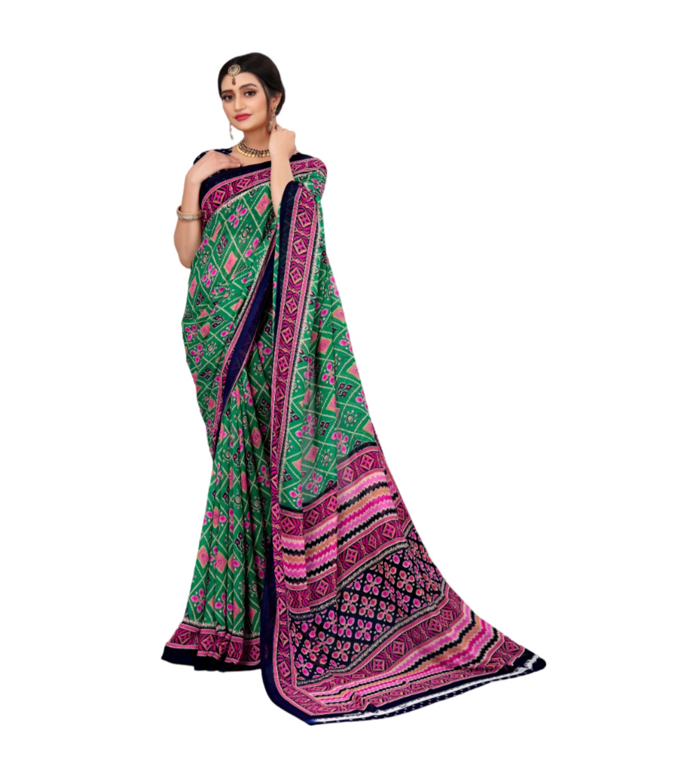 Women's Georgette Floral Print Saree With Unstitched Blouse 5.5Mtr (Green)