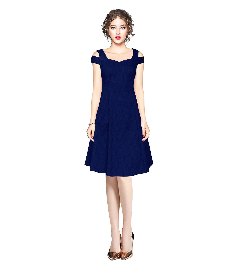 Women's Polyester Solid V Neck Cap Sleeve off Shoulder Dress (Blue)