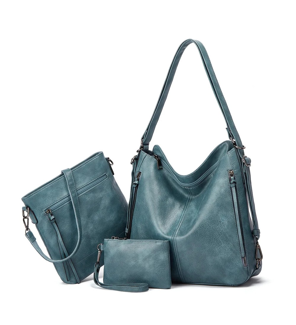 Women's PU Leather Medium Shoulder Zipper Handbag (Blue)