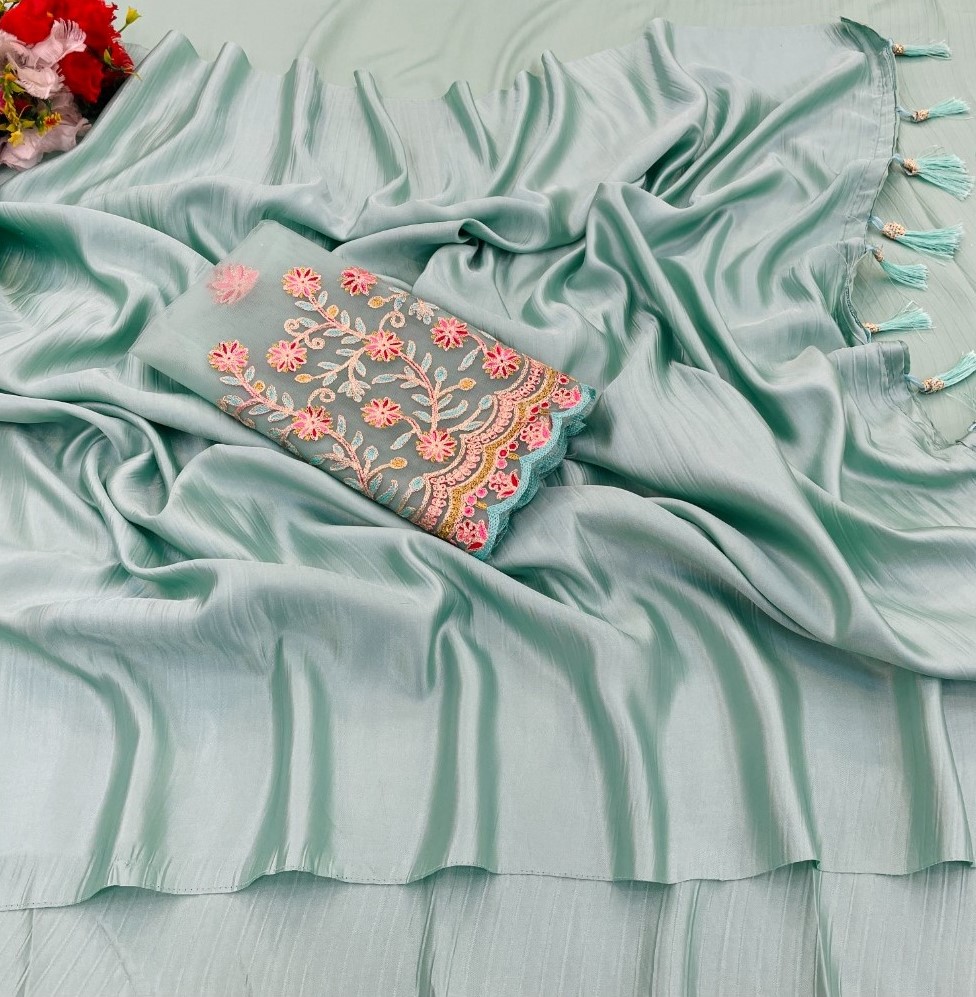 Women's Satin Solid Saree With Unstitched Blouse (Skyblue, 5-5 Mtrs)