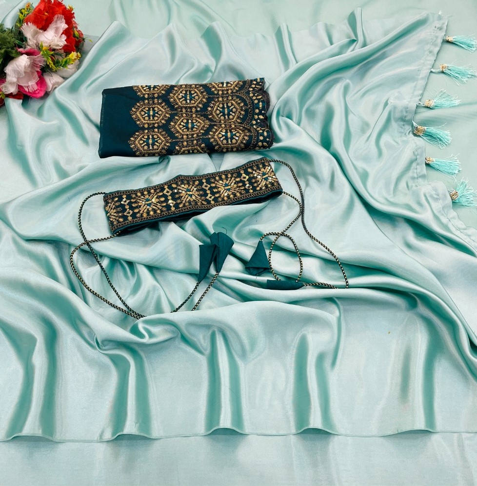 Women's Satin Solid Saree With Unstitched Blouse (Skyblue, 5-5 Mtrs)