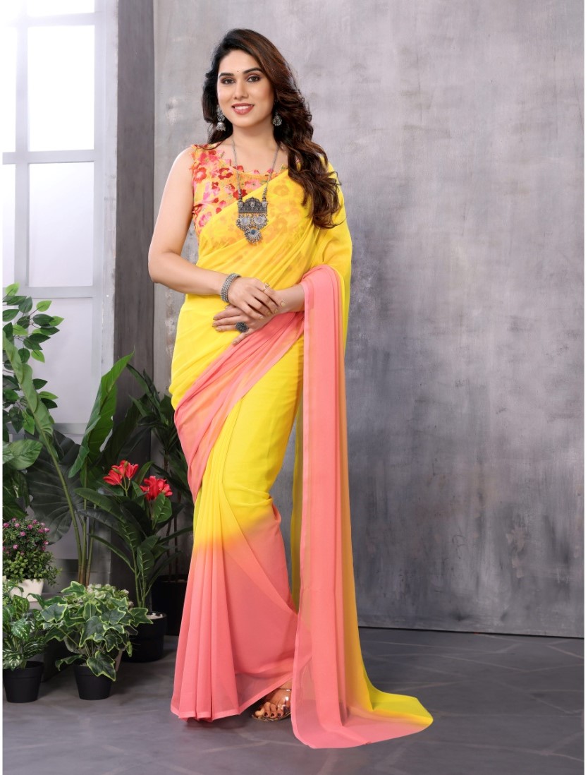 Women's Small Lace Georgette Solid Ready-to-Wear Saree With Unstitched Blouse 5.5 Mtr (Pink-Yellow)