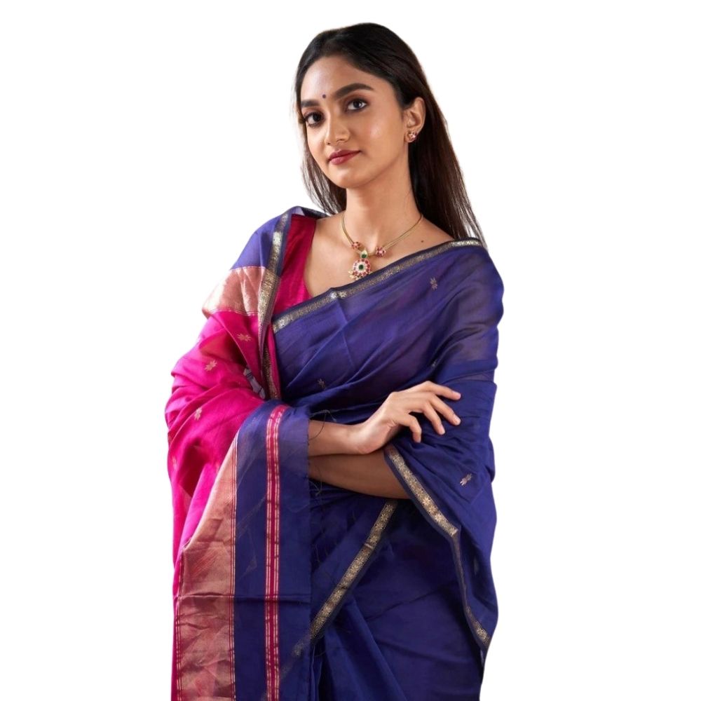 Women's Cotton Printed Saree With Unstitched Blouse 5.5Mtr (Blue)