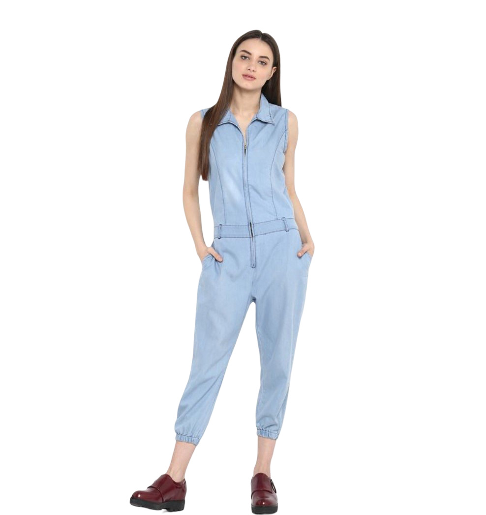 Women's Denim Solid Sleeveless Jumpsuit (Blue)