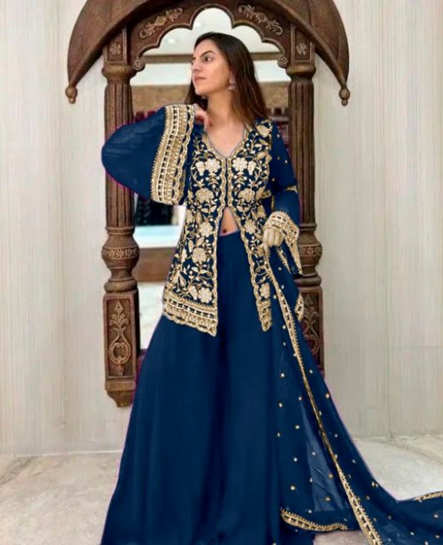 Women's Georgette Embroidery 3-4th Sleeve V-Neck Kurti, Palazzo And Dupatta Set (Morpich)