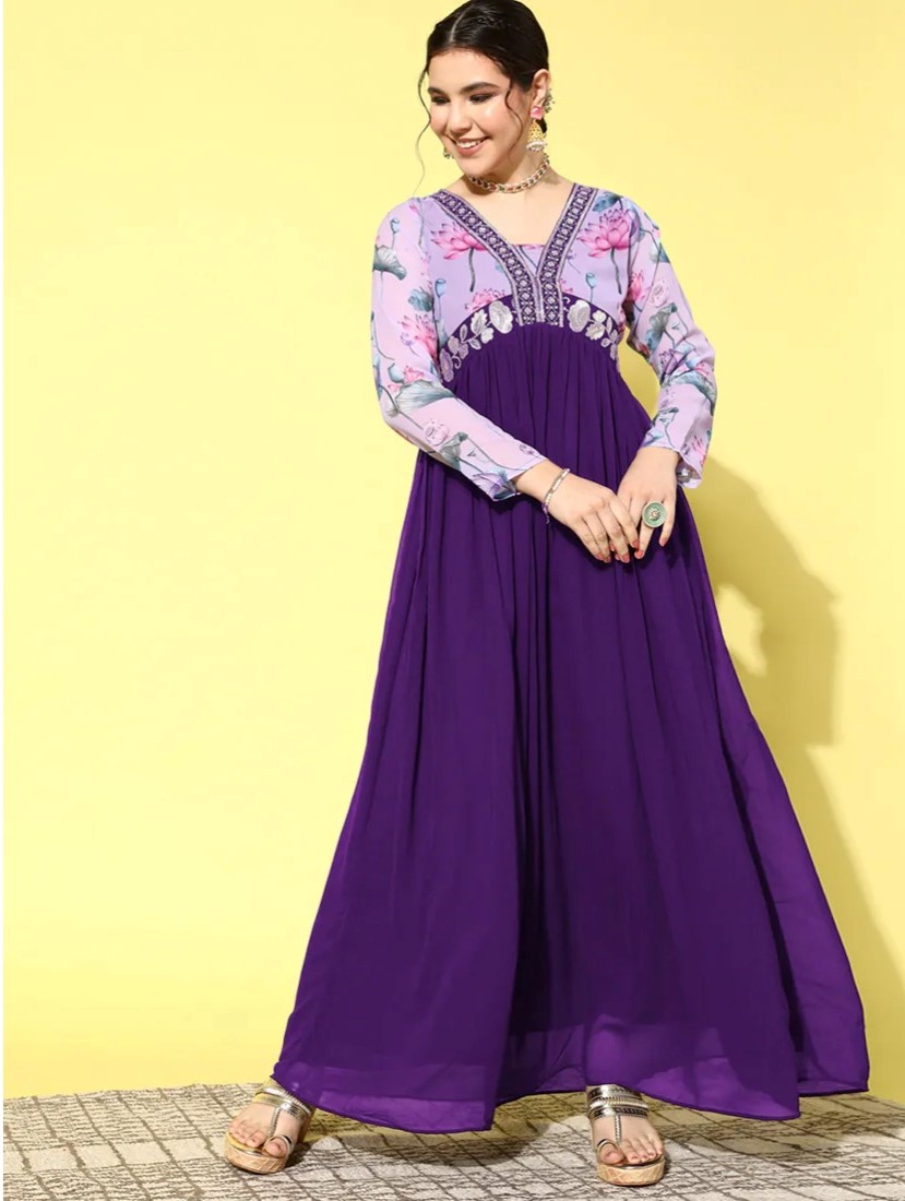 Women's Georgette Embroidery 3-4th Sleeve V-Neck Kurti (Purple)