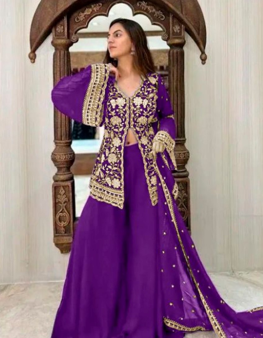 Women's Georgette Embroidery 3-4th Sleeve V-Neck Kurti, Palazzo And Dupatta Set (Purple)