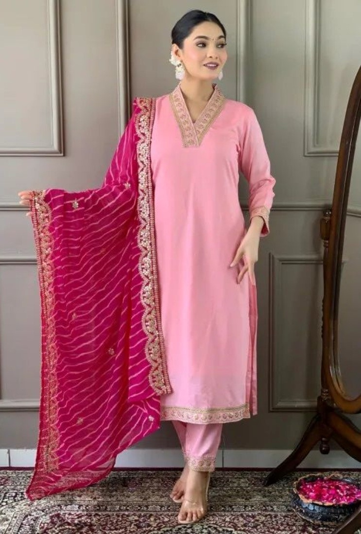 Women's Roman Silk Embroidery 3-4th Sleeve V-Neck Kurti With Pant Dupatta Set (Pink)