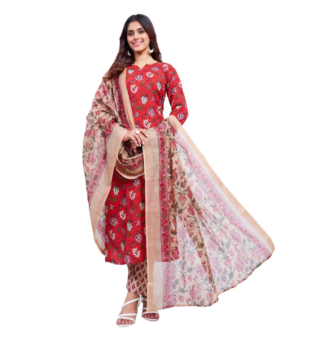 Women's Cotton Blend Printed Kurti With Pant Dupatta Set (Red)