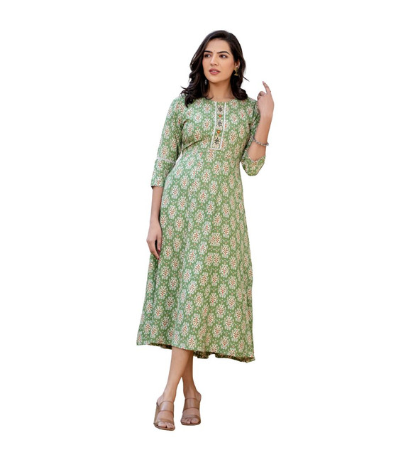 Women's Rayon Print With Embroidery Work A-Line Kurti (Green)