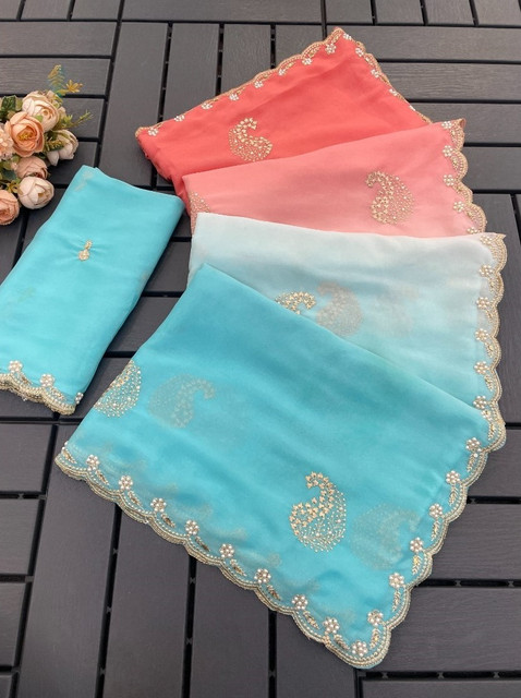 Women's Digital Printed Geogette Saree With Unstitched Blouse (Blue, 5-6 Mtrs)