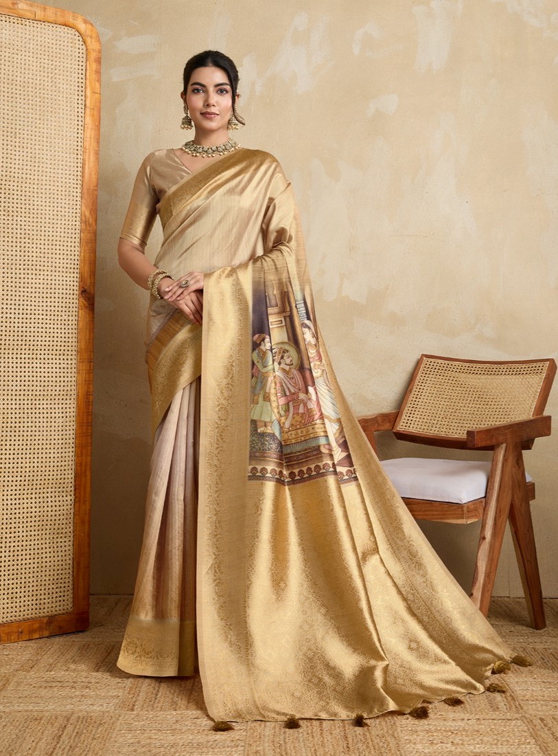 Women's Silk Printed Saree With Unstitched Blouse 5.5Mtr (Gold)
