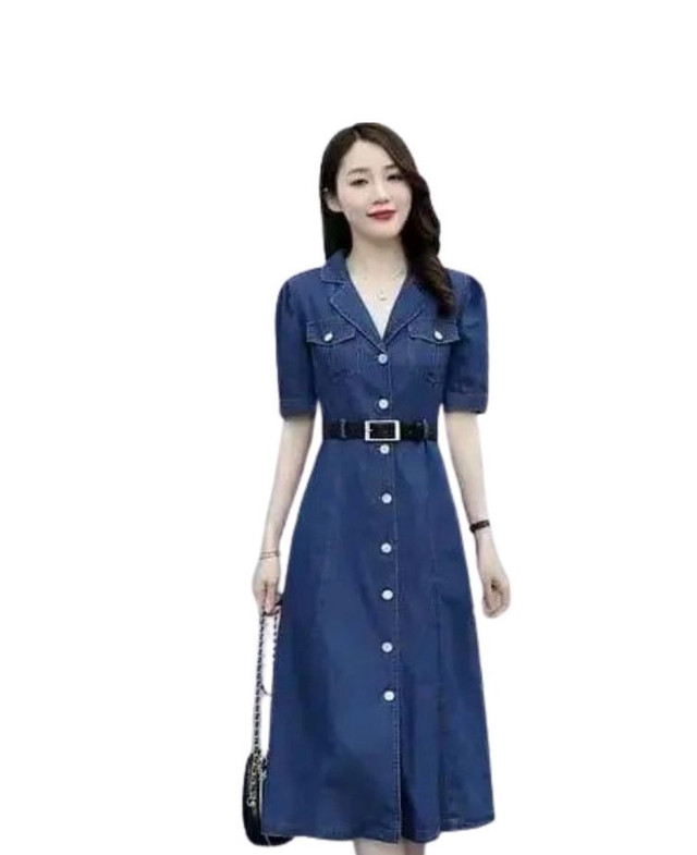 Women's Casual Denim Half Sleeves Dress (Blue)