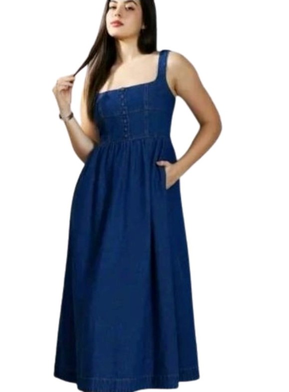 Women's Casual Denim Sleeveless Dress (Blue)