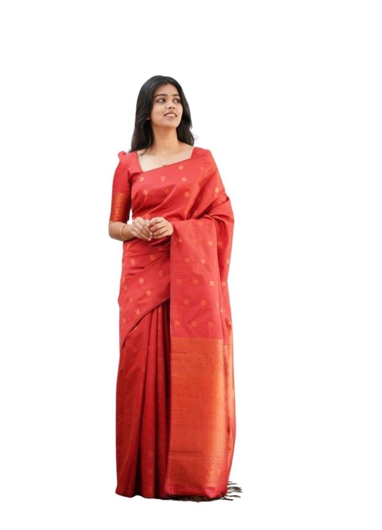 Women's Soft Lichi Silk Printed Saree With Unstitched Blouse 5.5Mtr (Red)
